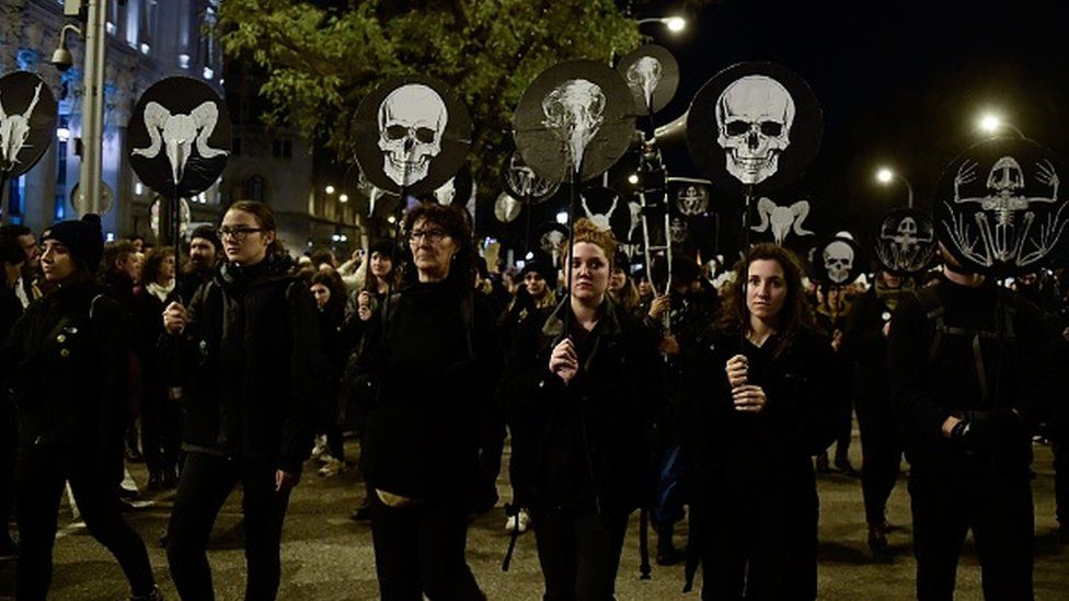 Demonstrators hold skull masks during a mass climate march