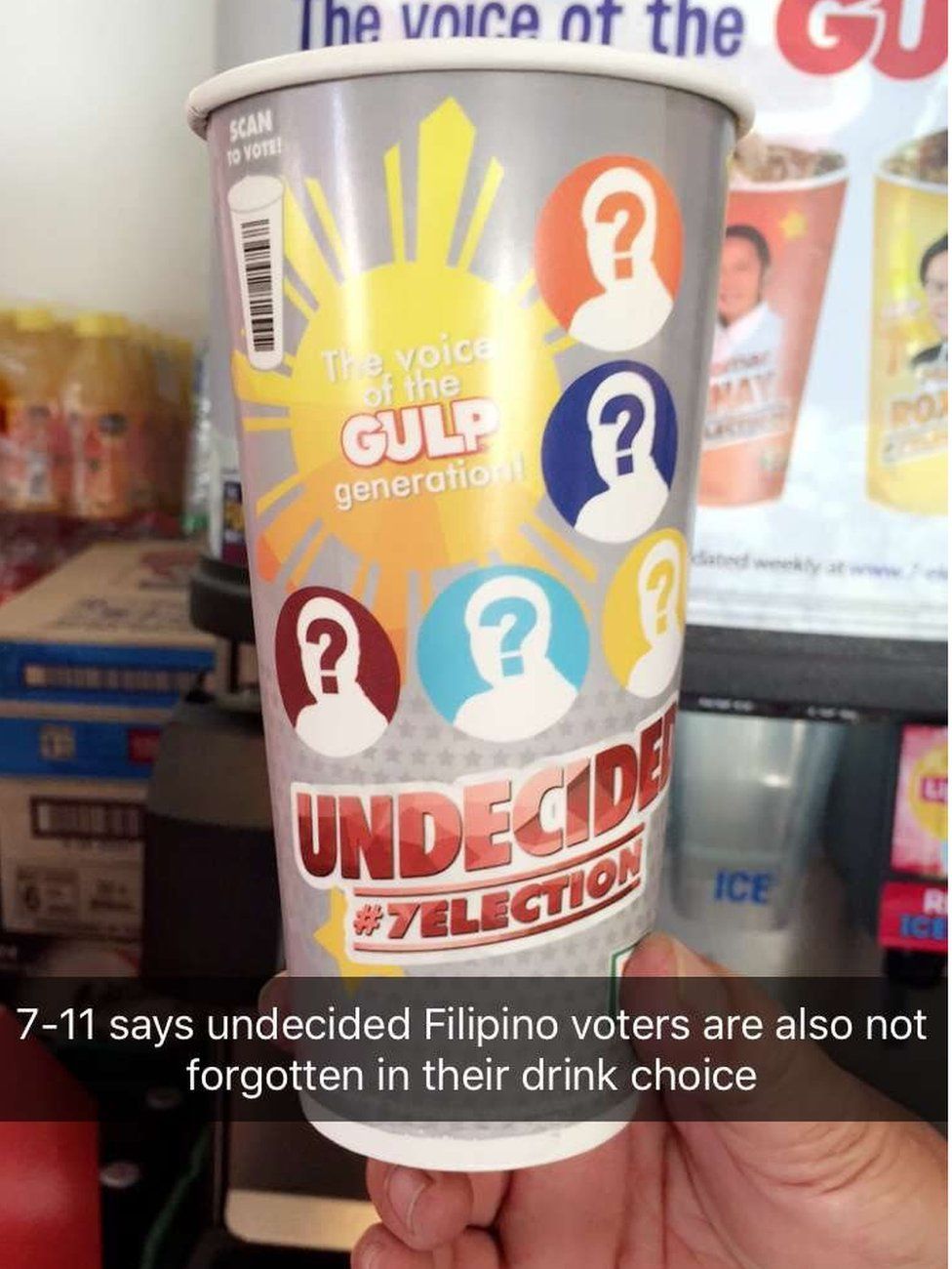 Snapchat picture of the "undecided" grey cup, with text across it reading "7-11 says undecided Filipino voters are also not forgotten in their drink choice"