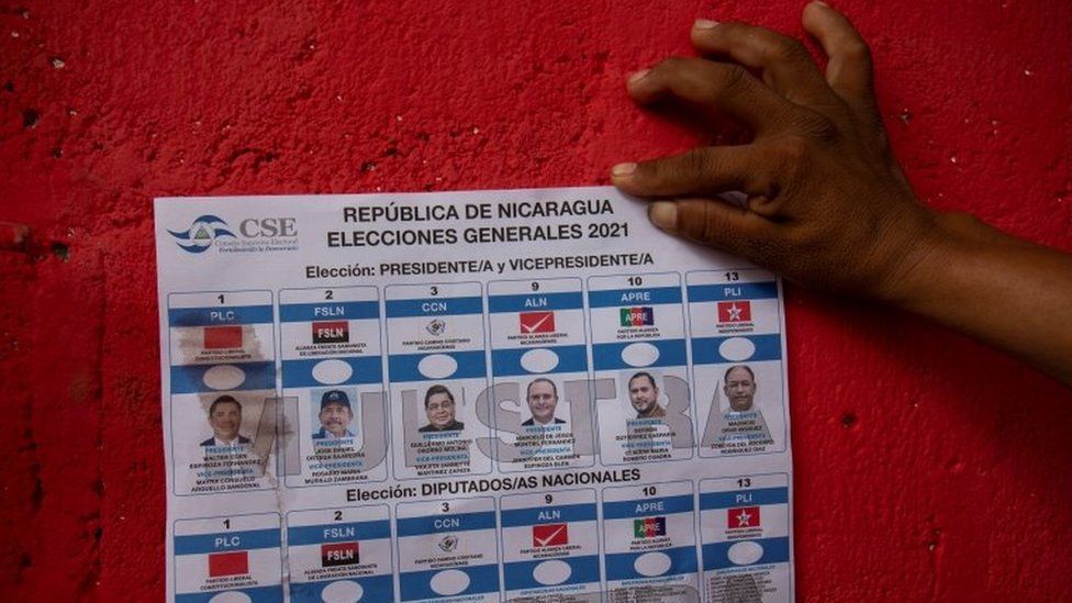 A man hols up a ballot with the presidential candidates during a campaign rally ahead of the November 7 presidential election, in Masaya, Nicaragua October 31, 2021.