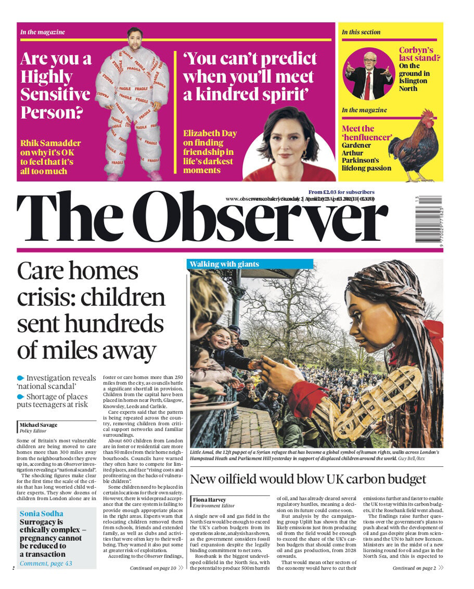 Front page of the Observer for 2 April
