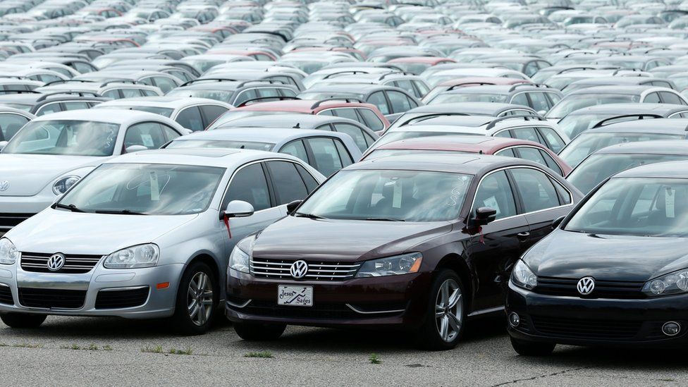Diesel Volkswagen and Audi vehicles that VW bought back from consumers sit in the parking lot of the Pontiac Silverdome on August 4, 2017 in Pontiac, Michigan.