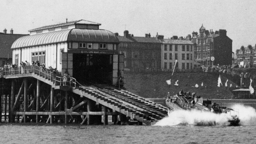 A historic photo of Cromer's lifeboat house and slipway