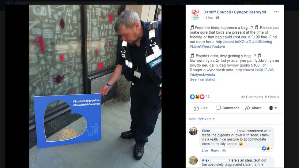 Cardiff's Council's Facebook post says 'make sure that birds are present at the time of feeding' or face a £100 fine