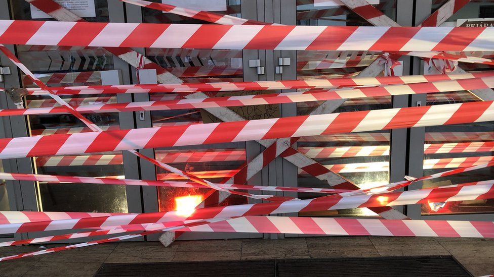 Red and white tape outside the university in Budapest