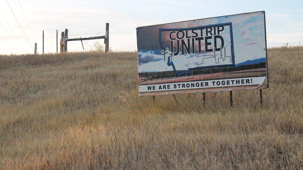 A Colstrip United billboard at the edge of town
