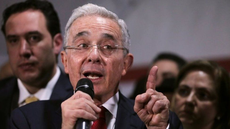 Colombia's former president Alvaro Uribe, speaks during a news conference after a private hearing at Supreme Court of Justice, in Bogota, Colombia October 8, 2019