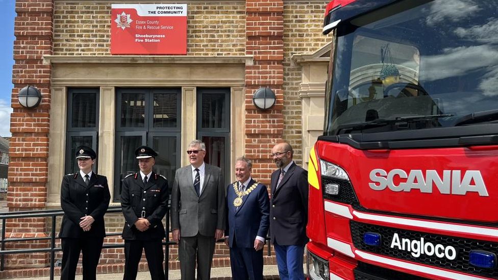 (l-r) Deputy chief fire officer Moira Bruin, chief fire officer Rick Hylton, police fire and crime commissioner Roger Hirst, Southend-on-Sea mayor Stephen Habermel and Rochford and Southend East MP James Duddridge