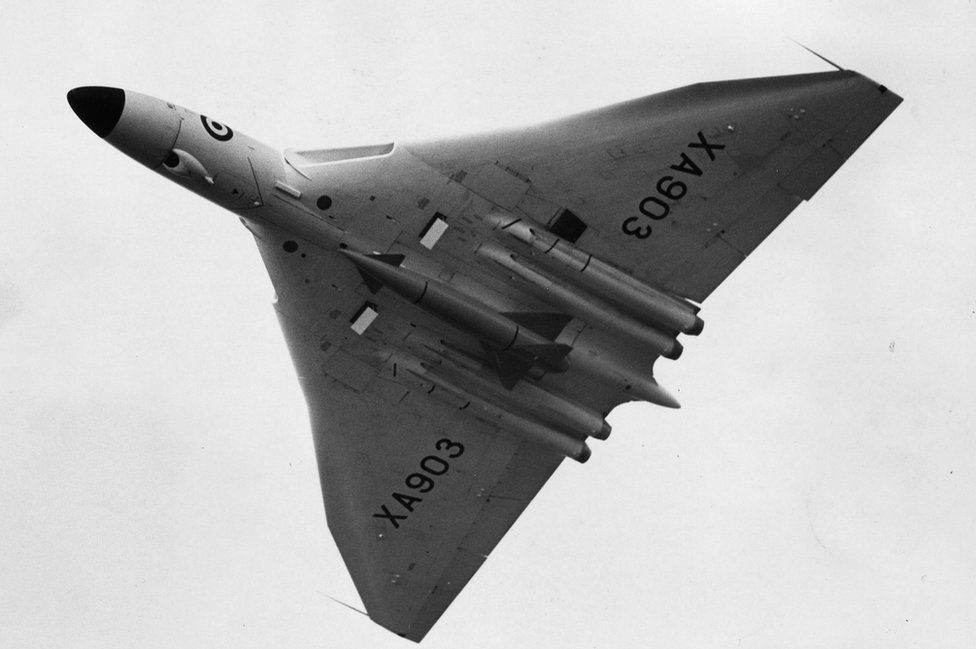 Avro Vulcan at the Farnborough air show, Sept 1958 with nuclear 'stand off' bomb
