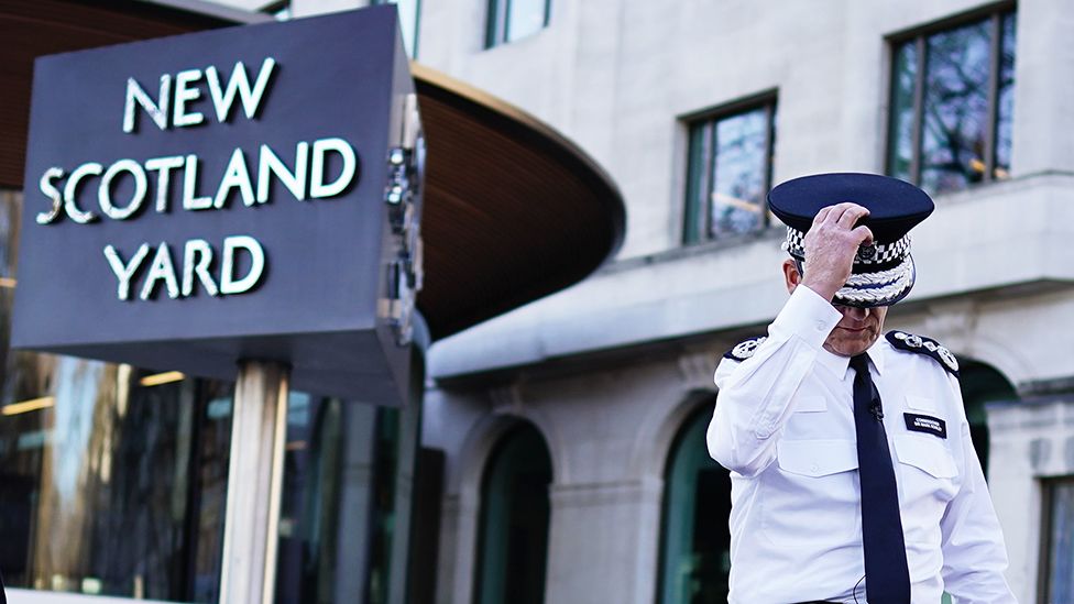 Metropolitan Police Commissioner Sir Mark Rowley speaks to the media outside New Scotland Yard, central London, after rapist Metropolitan Police officer David Carrick was jailed February 7, 2023