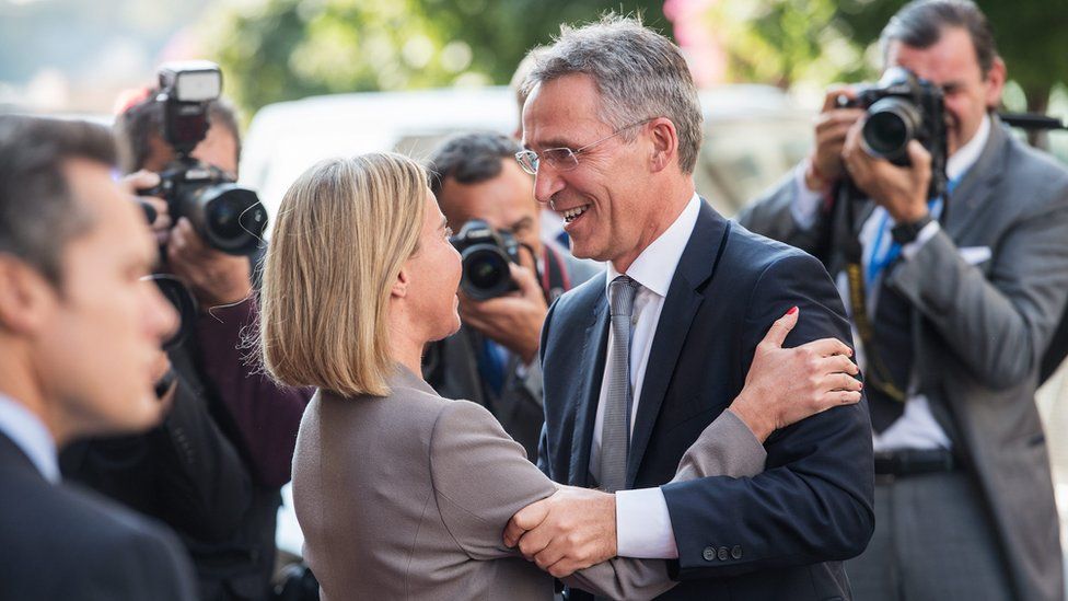 EU foreign policy chief Federica Mogherini spoke to reporters alongside Nato's secretary general, Jens Stoltenberg, on Tuesday