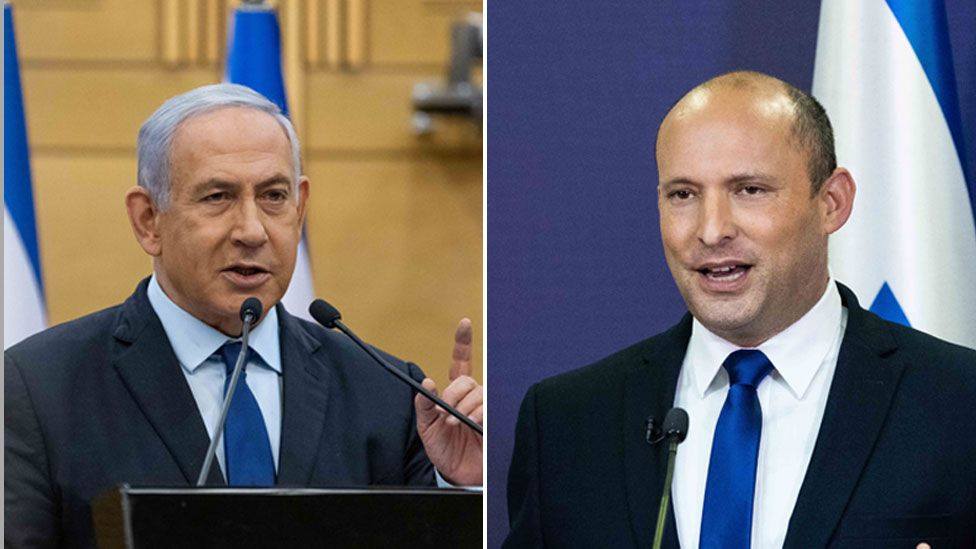 Benjamin Netanyahu (L) and Naftali Bennett at the Knesset, 30 May 2021