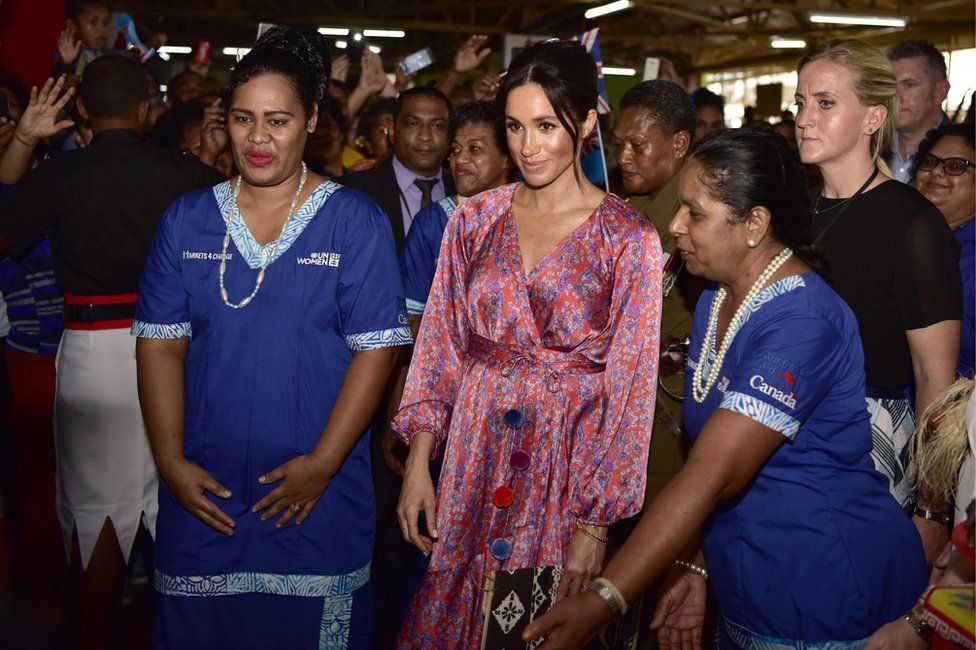 Duchess of Sussex touring the municipal market in Suva, Fiji, on 24 October 2018