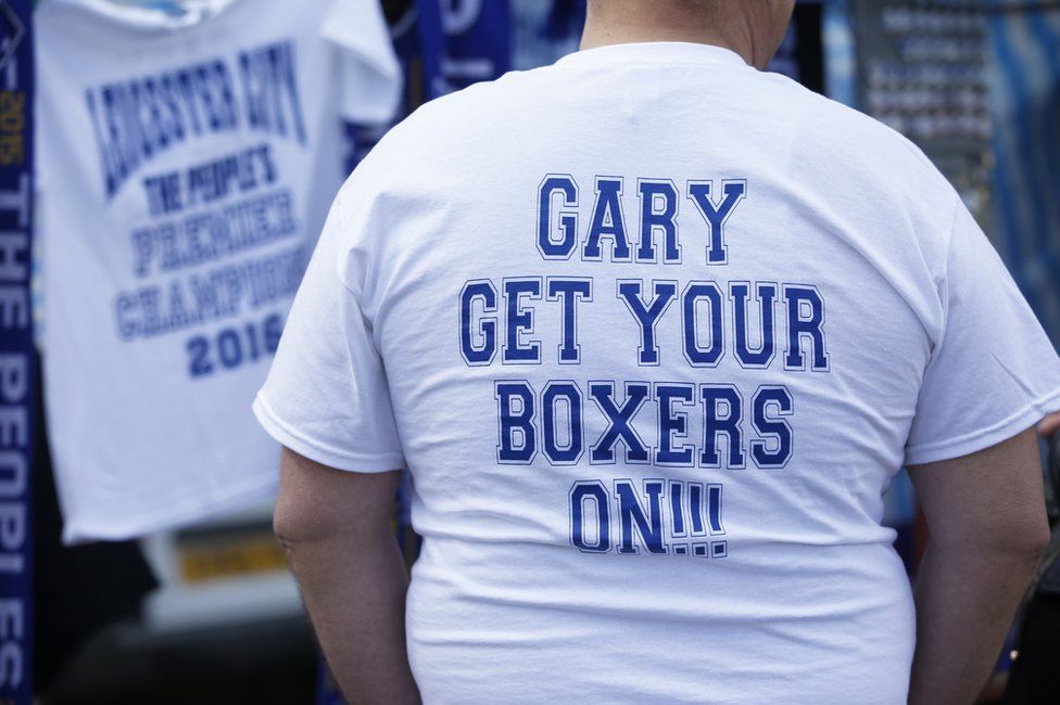 A Leicester fan with a t-shirt directed at Gary Lineker before the Leicester City v West Ham United match