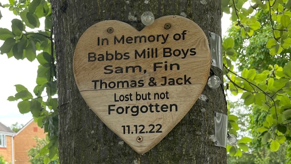 Sign with boys names posted on tree