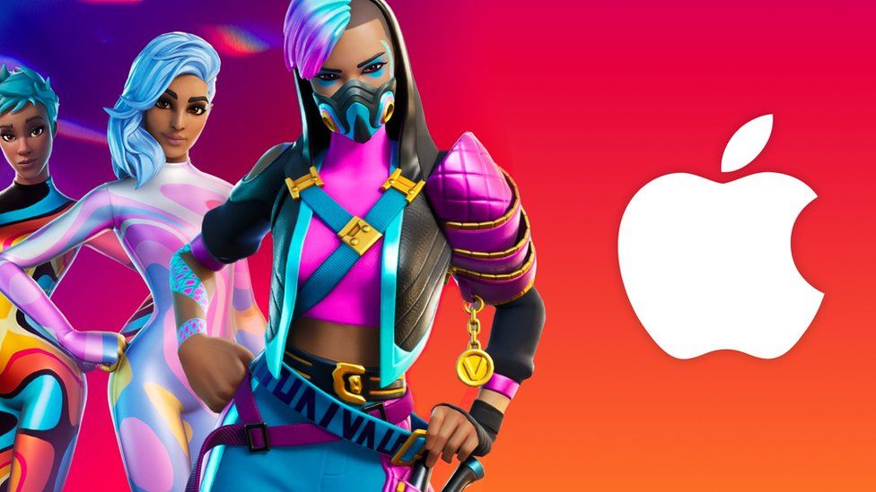 Fortnite characters next to Apple logo