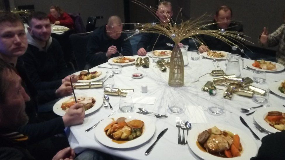 Homeless people eating Christmas dinner at The Hilton, Hull
