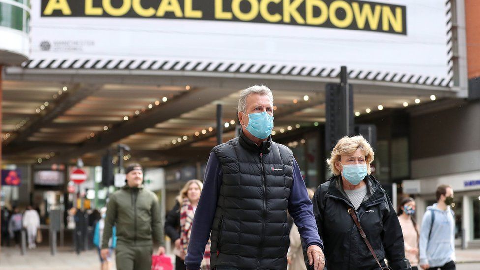 People wearing facemasks walking in Manchester