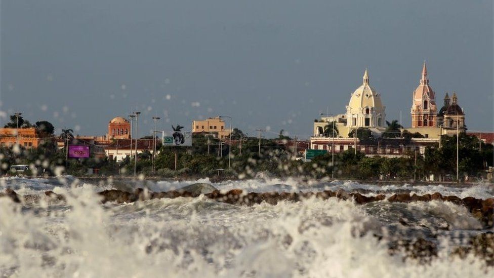 View of the storm surge caused by the passage of Hurricane Iota in the tourist sector of Bocagrande, in Cartagena, Colombia, 16 November 2020.