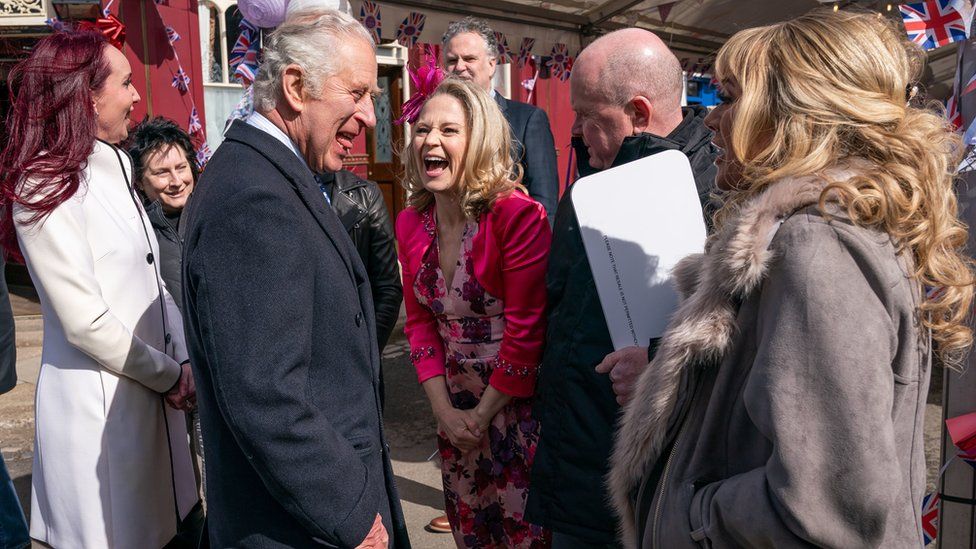 The Prince of Wales with Kellie Bright, Steve McFadden and Letitia Dean