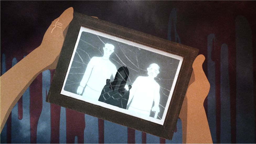 Illustration showing three people in a broken picture frame