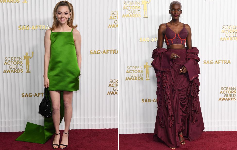 Amanda Seyfried and Sheila Atim arrive for the 29th Screen Actors Guild Awards at the Fairmont Century Plaza in Century City, California, on February 26, 2023