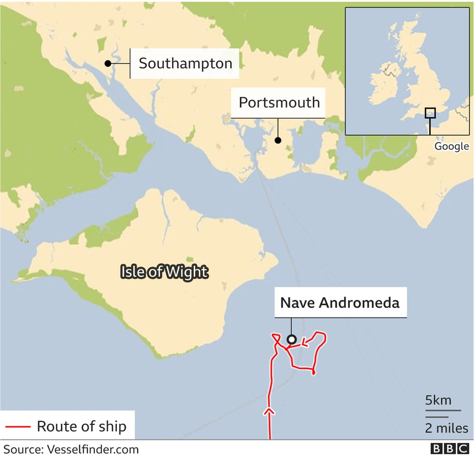 Map showing route of the Nave Andromeda in relation to Isle of Wight and Portsmouth