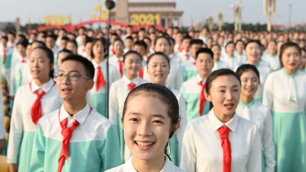 A chorus performs during a ceremony celebrating the centenary of the Communist Party of China (CPC) at Tian'anmen Square on July 1, 2021 in Beijing, China.