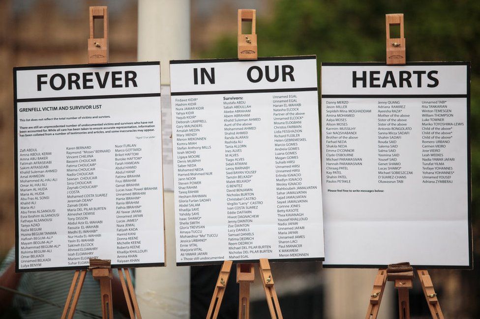 A list of Grenfell Tower residents displayed during a vigil at Parliament Square on 19 June, 2017