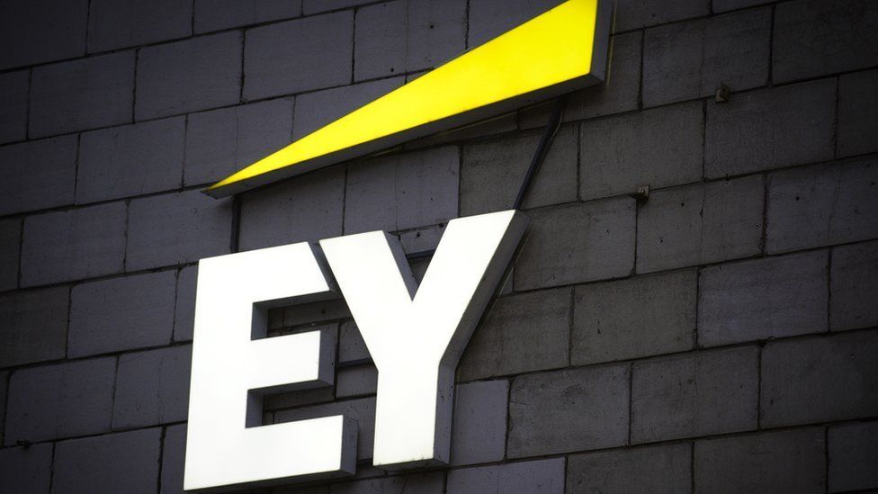 EY logo seen in central Kyiv, Ukraine