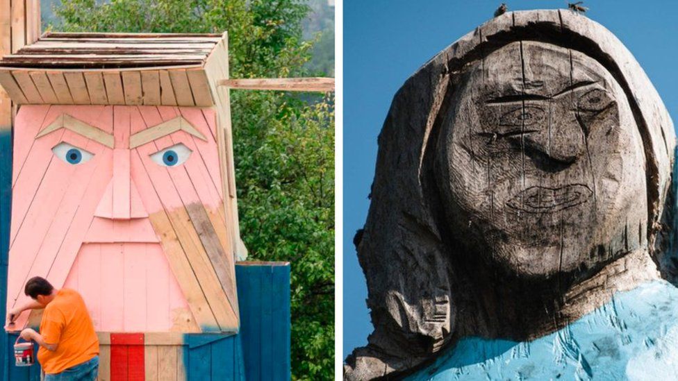 A composite picture shows the wooden statue of Donald Trump (left) next to the statue of Melania.
