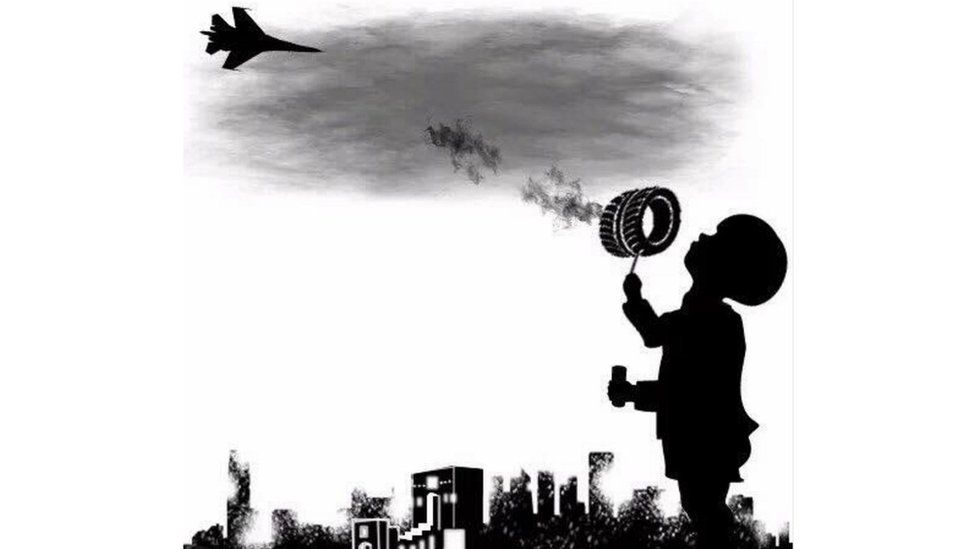 A drawing of a child holding a burning tyre like a lollipop with smoke wafting upwards towards a bomber plane
