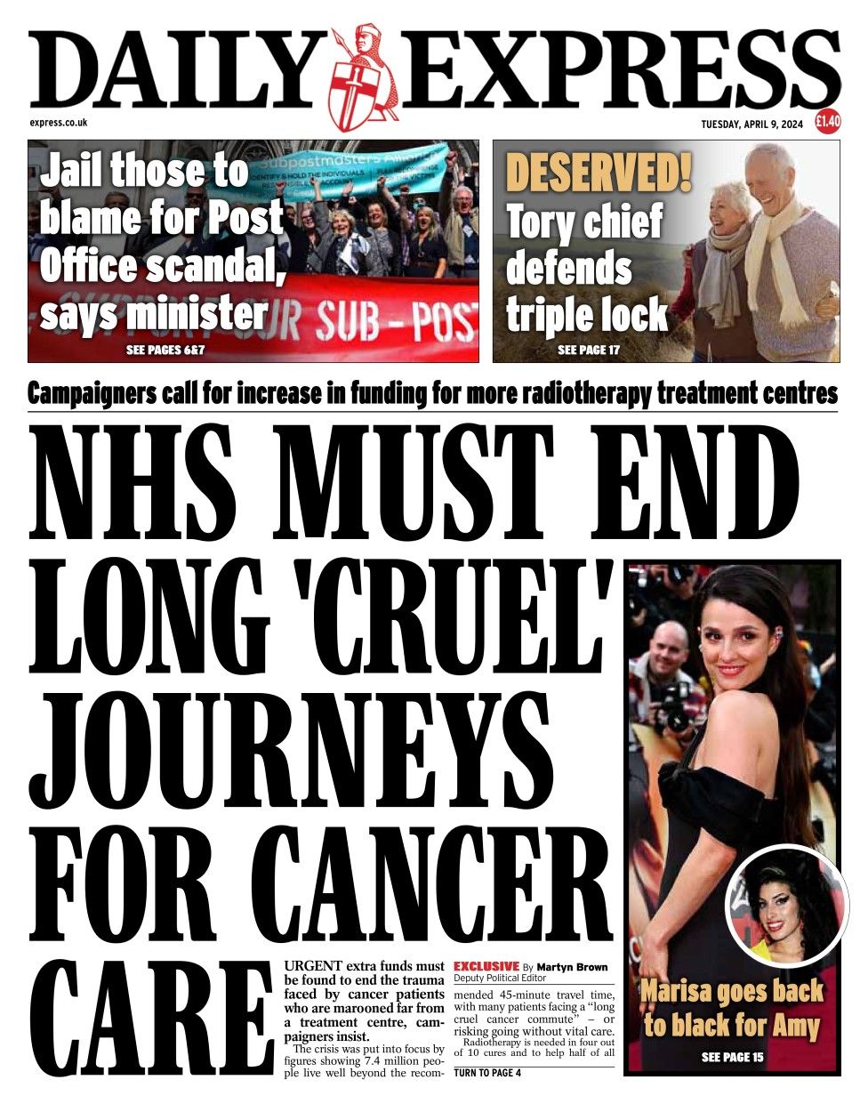 The headline on the Daily Express reads: NHS must end long 'cruel' journeys for cancer care