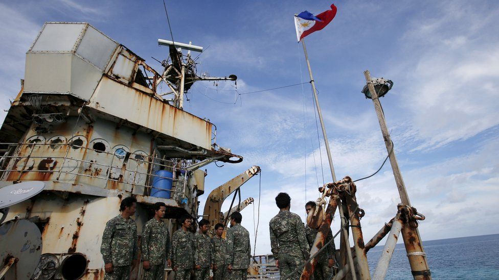 Filipino soldiers on BRP Sierra Madre on Ayungin or Second Thomas Shoal in the South China Sea