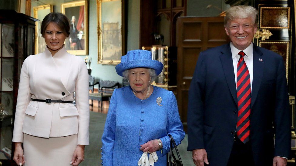 Britain"s Queen Elizabeth stands with U.S. President Donald Trump and his wife, Melania in the Grand Corridor during their visit to Windsor Castle, Windsor, Britain July 13, 2018