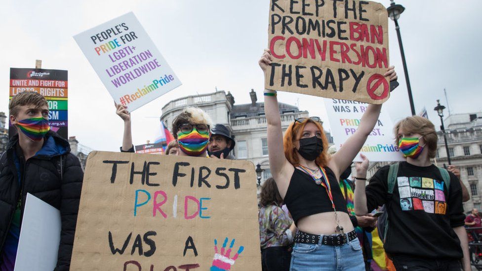 Thousands of LGBTI+ protesters pass through Trafalgar Square on the first-ever Reclaim Pride march in Trafalgar Square, London