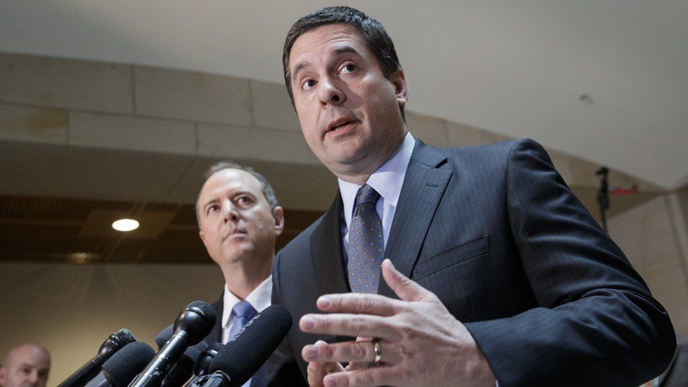 House Intelligence Committee Chairman Rep. Devin Nunes, R-Calif., right, accompanied by the committee"s ranking member, Rep. Adam Schiff, D-Calif., talks to reporters, on Capitol Hill in Washington, Wednesday, March, 15, 2017,