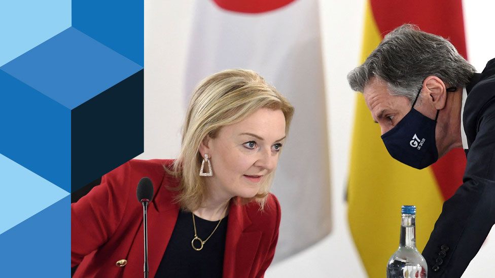 Liz Truss and US Secretary of State Antony Blinken speak during a G7 Foreign and Development Ministers Session on 12 December 2021
