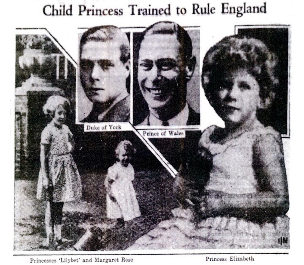 Images from a newspaper story printed in the the Marysville Journal-Tribune in 1934, with the headline "Child Princess Trained to Rule England"