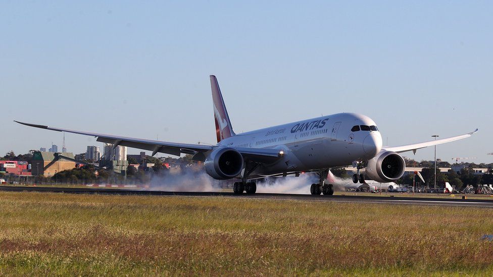 Qantas Boeing 787 Dreamliner plane landS at Sydney international airport after completing a non-stop test flight from New York