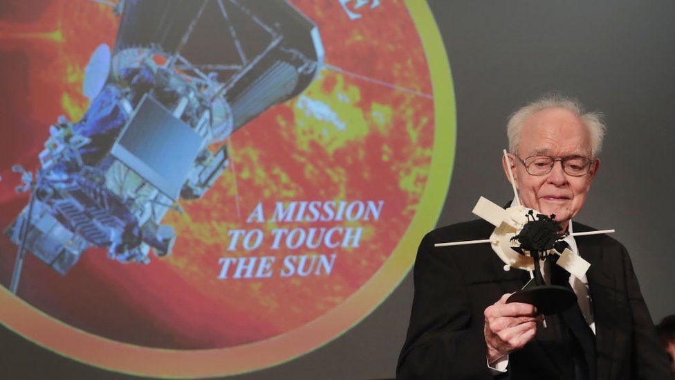 University of Chicago astrophysicist Dr Eugene Parker is presented with a model of the Parker Solar Probe at an event in May 2017