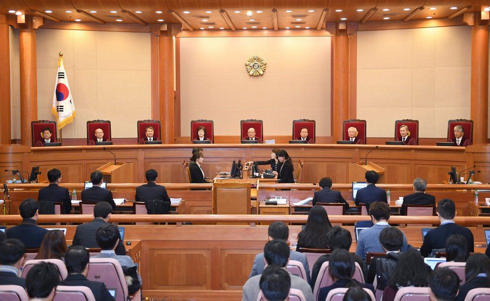 Park Han-chul (C), president of the Constitutional Court of Korea, and eight judges preside over a hearing on the impeachment of South Korean President Park Geun-hye at the Constitutional Court in Seoul, South Korea, 3 January 2017.