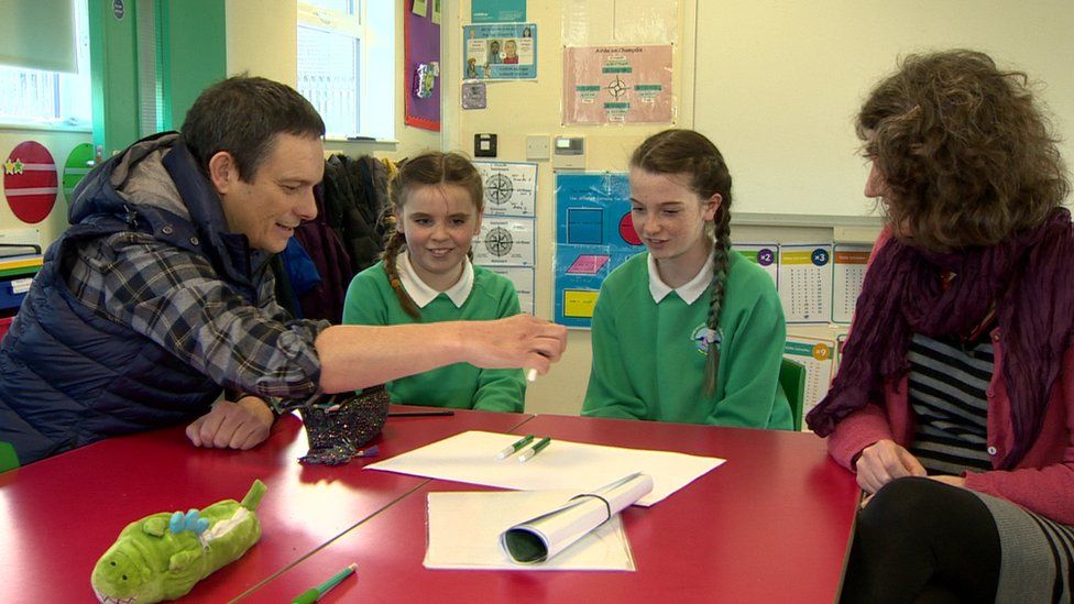 Adrian Cain and Aalin Clague from the Isle of Man introduce their language to children in Mourne