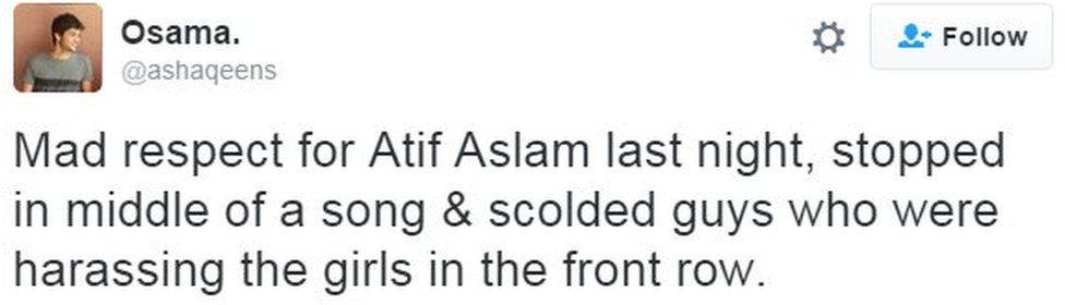 Tweet from user Ashaqeens reads: Mad respect for Atif Aslam last night, stopped in middle of a song & scolded guys who were harassing the girls in the front row.