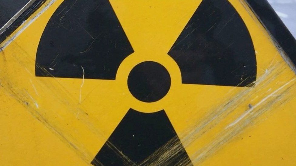 Nuclear sign on the back of a flask lorry