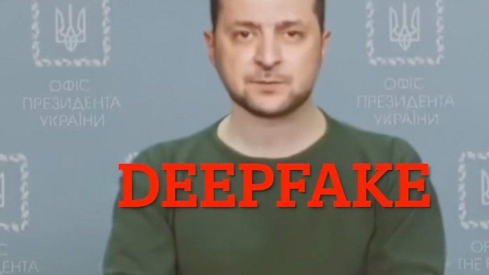 A deepfake video featuring a A.I. generated figure meant to look like Ukraine president Volodymyr Zelensky