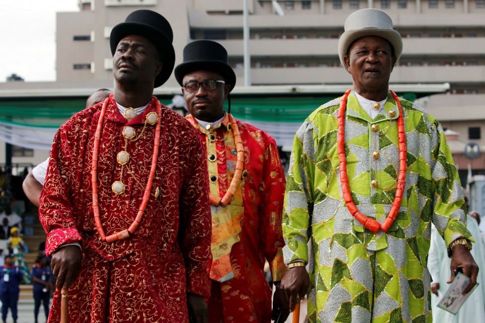 Traditional chiefs from the Niger-Delta region are seen during a celebration marking the new Democracy Day in Abuja on 12 June.