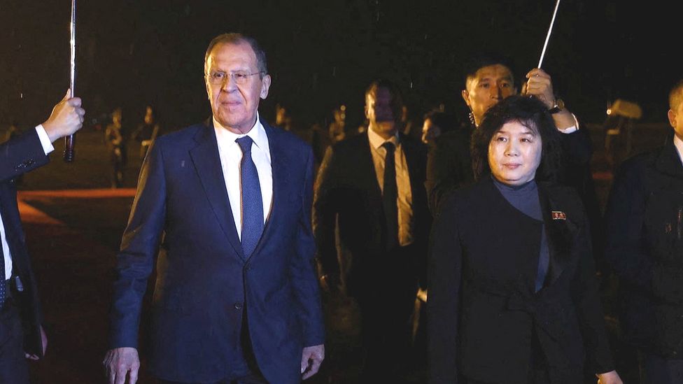 Russian Foreign Minister Sergei Lavrov takes part in a welcoming ceremony upon his arrival in Pyongyang, Korea's North, October 18, 2023