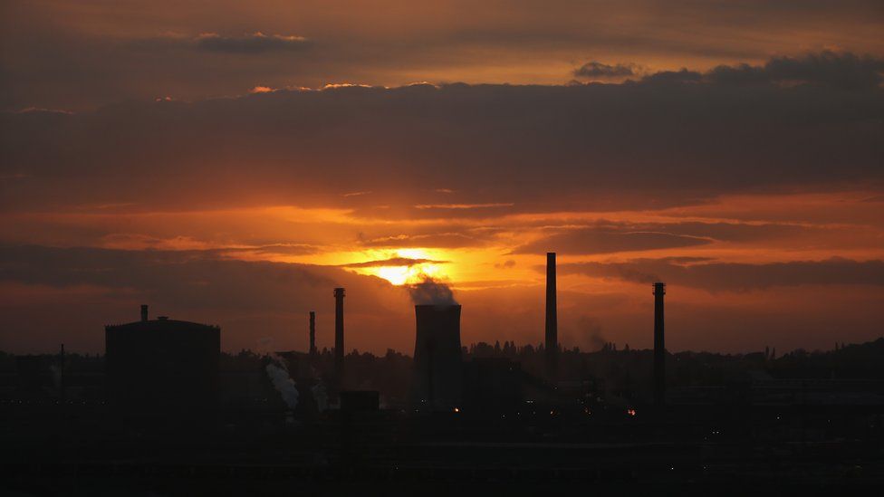 Sunset over the Tata steelworks in Scunthorpe