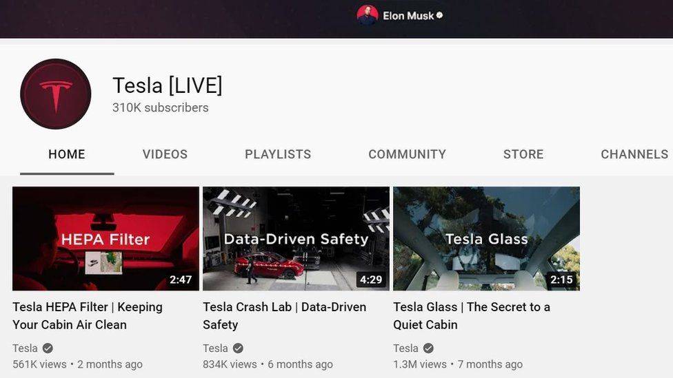A still taken from YouTube. It features exactly the same videos and branding as the real Tesla page.