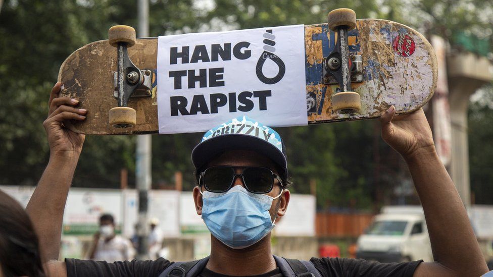 A student holds a placard during a protest against rape and sexual assaults on women as they demand justices in Dhaka, Bangladesh, 08 October 2020.